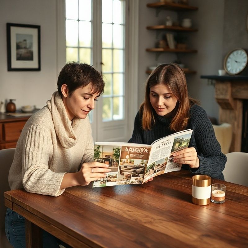 Two people reviewing a home magazine at a timber table in a Halifax home