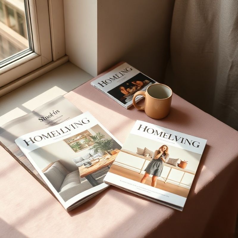 Home living magazines styled on a blush linen surface