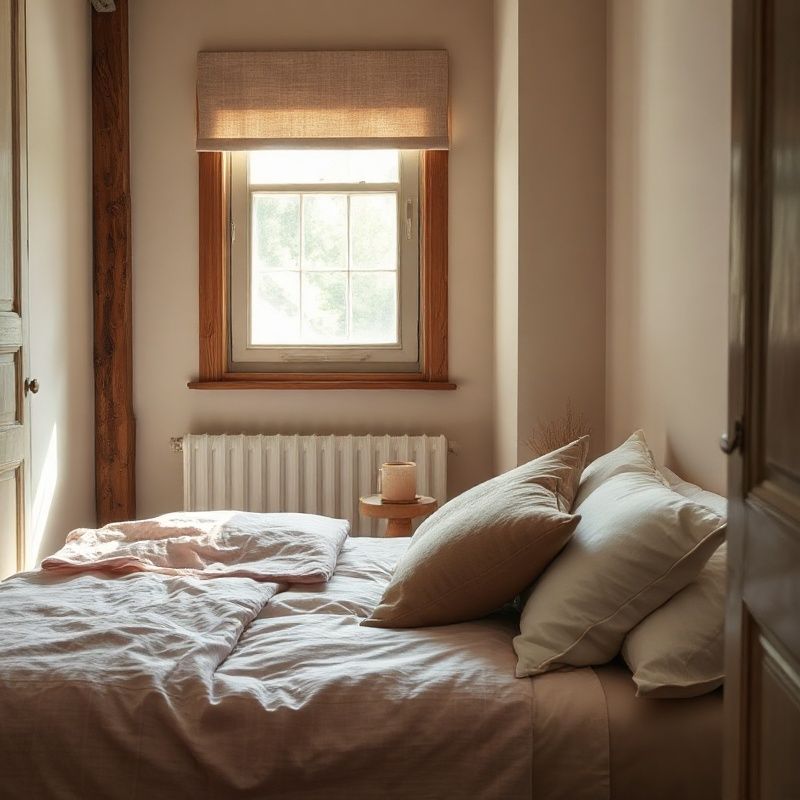 Calm small bedroom with rose-warm linen bedding and a candle on the bedside table