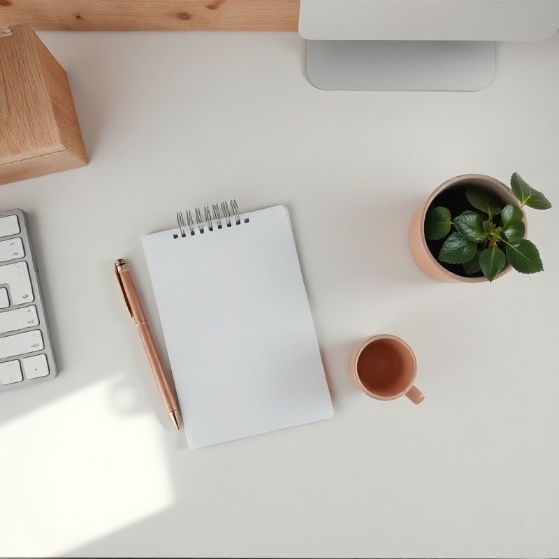 Overhead view of a tidy Halifax home desk with a notepad and small plant